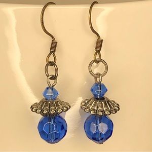 Handmade silver & sapphire blue crystal dangle earrings w/ fish hook back